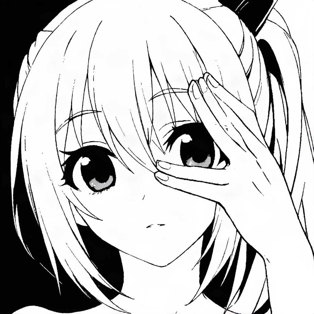 Black-and-white inked manga portrait of a girl shielding her eye with her hand