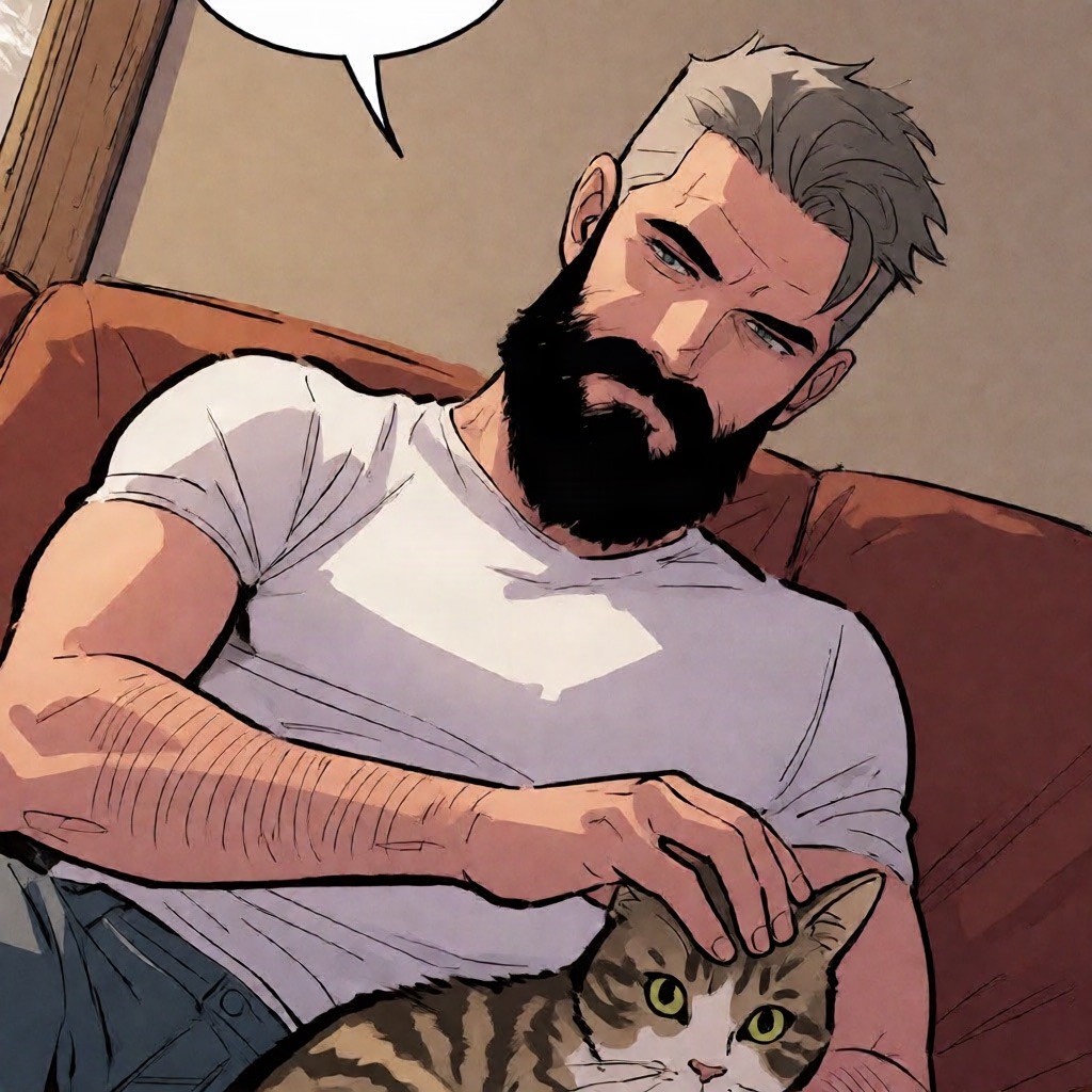 Western comic panel of a bearded man on a couch petting a tabby cat