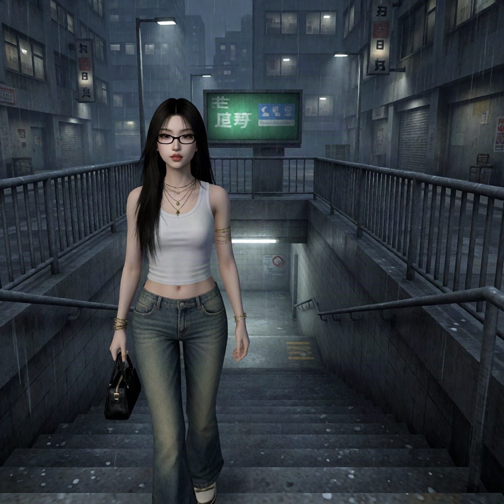 Photoreal night scene of a woman climbing subway stairs in the rain