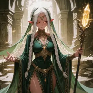 Fantasy anime elf in green and gold robes holding a glowing staff
