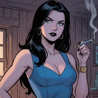 Noir comic portrait of a woman in a blue dress holding a cigarette